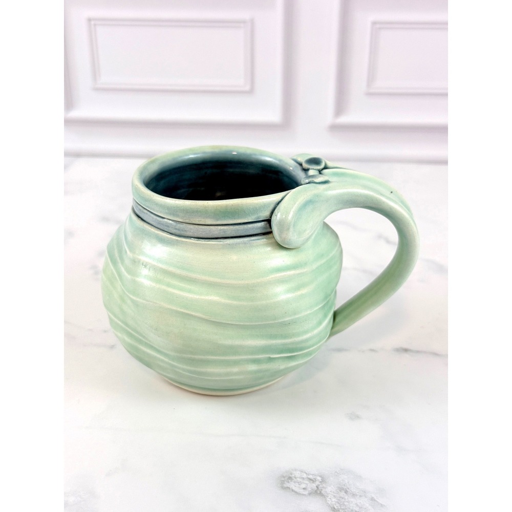 Handmade Mint Blue Green Studio Pottery Organic Bowl Shaped‎ Mug